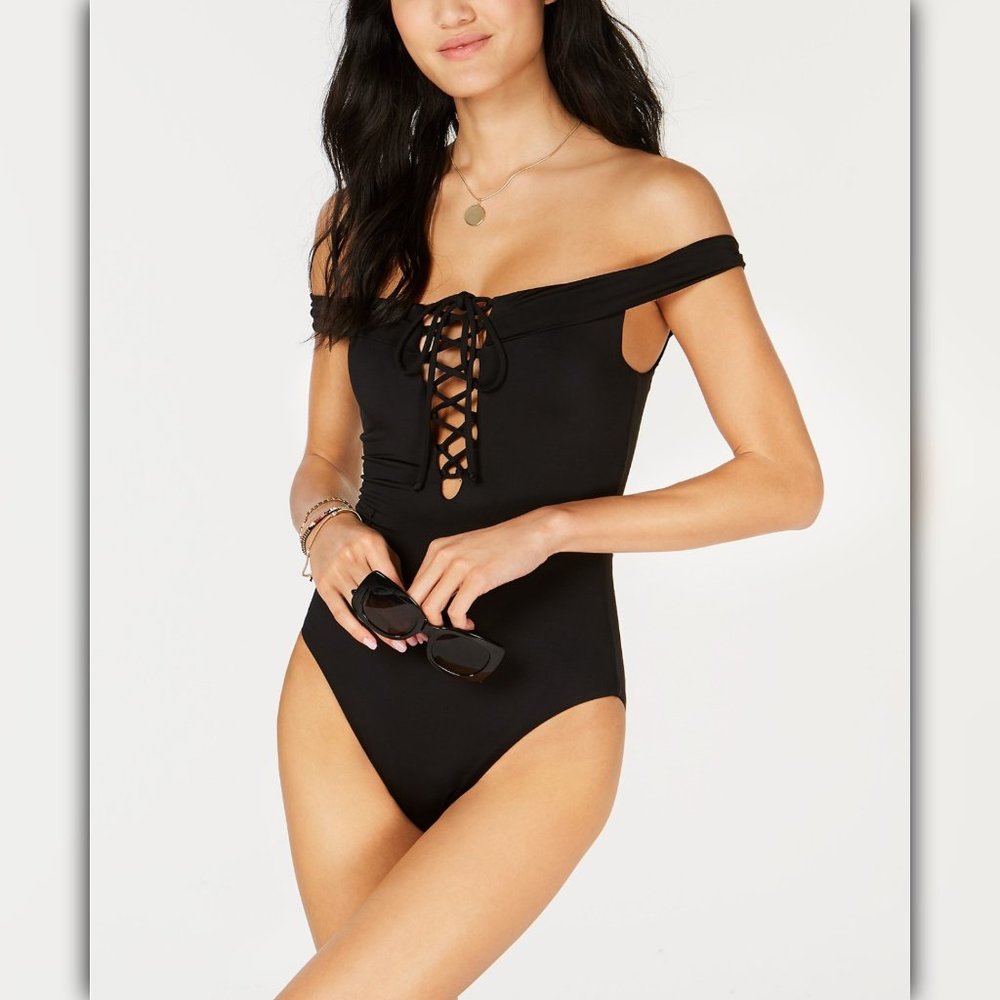 Bar III Solid Lace Up Off-The-Shoulder One-Piece
